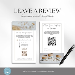 Może przedstawiać: Szablon wizytówki z tekstem "LEAVE A REVIEW" i "business card template". Projekt zawiera miejsce na nazwę firmy, dane kontaktowe i kod QR do przesyłania opinii.
