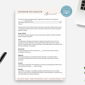 May include: A black and white interior decorator agreement template with the title "Interior Decorator Agreement" and the text "Customize with Canva" in a circle. The document outlines the scope of work, term, service fee, expenses, invoices, and benefits.