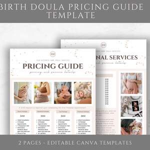 May include: A two-page printable pricing guide template for birth doulas. The template features a light pink background with gold confetti and photos of pregnant women and newborns. The text on the template reads "Birth Doula Pricing Guide Template" and "Pricing Guide pricing and service details".