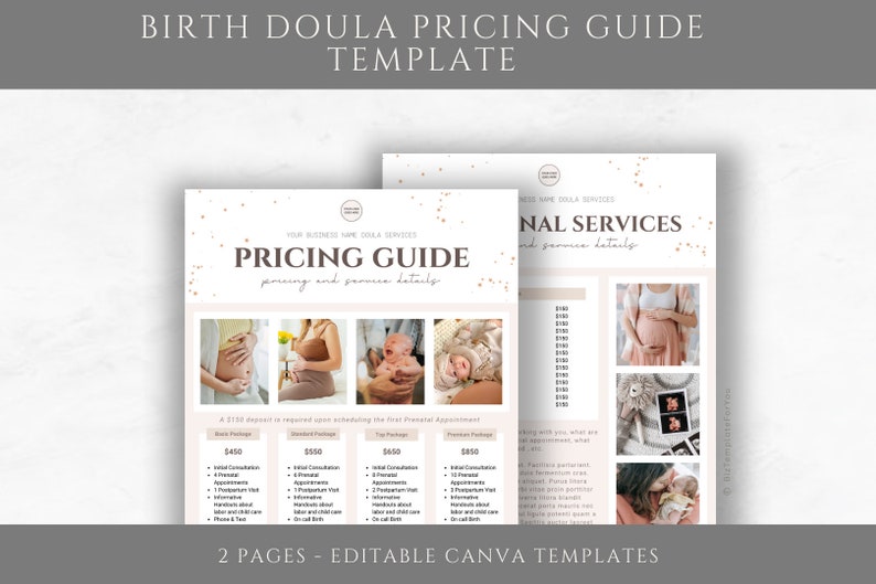 May include: A two-page printable pricing guide template for birth doulas. The template features a light pink background with gold confetti and photos of pregnant women and newborns. The text on the template reads "Birth Doula Pricing Guide Template" and "Pricing Guide pricing and service details".