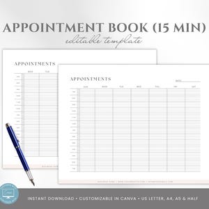 15-Minute Appointment Book Template, Editable Canva Scheduler, Weekly Planner, Client Booking Log, Tracker US Letter, A4, A5, Half Size