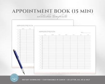 15-Minute Appointment Book Template, Editable Canva Scheduler, Weekly Planner, Client Booking Log, Tracker US Letter, A4, A5, Half Size