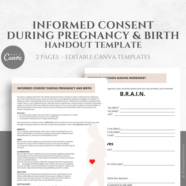 Editable Informed Consent Handout and Worksheet, Doula Tool, Birth Education Doula Template, Labor and Delivery Resource, Digital Download