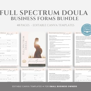 Op de afbeelding: Een set van 48 printbare doula-bedrijfsformulieren in een bundel. De formulieren zijn ontworpen om te worden bewerkt in Canva en bevatten een verscheidenheid aan formulieren voor verschillende soorten doula-diensten, zoals geboorte-doula, postpartum-doula, virtuele doula en back-up doula. De formulieren zijn ontworpen met een moderne en minimalistische esthetiek, met een lichtroze achtergrond en gouden accenten.