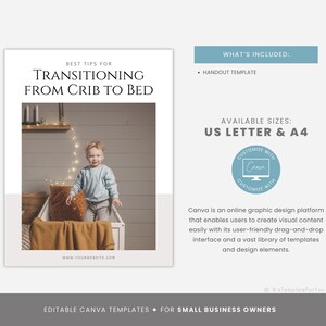 May include: A printable handout template with the title "Best Tips for Transitioning from Crib to Bed". The template features a photo of a child in a bedroom with string lights. The template is available in US Letter and A4 sizes and is customizable with Canva.