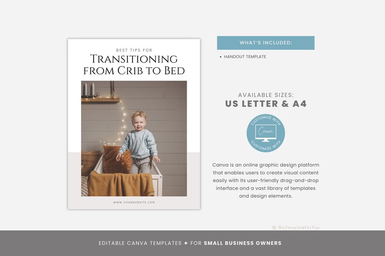 May include: A printable handout template with the title "Best Tips for Transitioning from Crib to Bed". The template features a photo of a child in a bedroom with string lights. The template is available in US Letter and A4 sizes and is customizable with Canva.