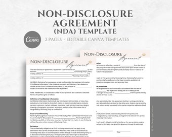 Editable Non-Disclosure Agreement Template, NDA Agreement Contract Tempate, Confidentiality Disclosure Form, Fully Editable in Canva