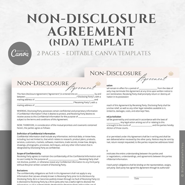 Editable Non-Disclosure Agreement Template, NDA Agreement Contract Tempate, Confidentiality Disclosure Form, Fully Editable in Canva