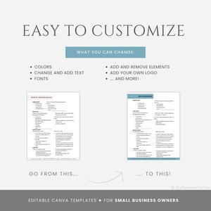 May include: A before and after image showing how to customize a resume template. The left image shows a basic resume template with text fields to fill in. The right image shows a more visually appealing resume template with a modern design and a logo. The text reads "EASY TO CUSTOMIZE" and "WHAT YOU CAN CHANGE: COLORS, CHANGE AND ADD TEXT, FONTS, ADD AND REMOVE ELEMENTS, ADD YOUR OWN LOGO, ... AND MORE!"  "GO FROM THIS... TO THIS!"  "EDITABLE CANVA TEMPLATES FOR SMALL BUSINESS OWNERS"