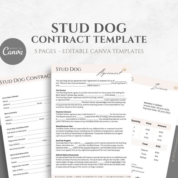 Editable Stud Dog Contract Template, Professional Breeding Service Agreement, Dog Breeder Contract Forms, Canva editable