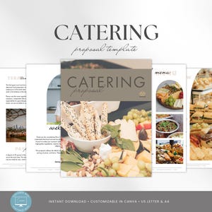 Könnte beinhalten: Eine Catering-Angebot Vorlage mit dem Wort "CATERING" in großen Buchstaben. Die Vorlage enthält Bilder von Lebensmitteln wie Käse, Trauben und Sandwiches. Die Worte "proposal template" sind ebenfalls sichtbar.