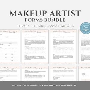 Puede incluir: Un paquete de plantillas editables de Canva para maquilladores, con formularios para servicios de maquillaje, contratos de maquillaje de novia y facturas. Los formularios se muestran sobre un fondo beige claro con texto negro. El texto incluye "MAKEUP ARTIST FORMS BUNDLE" y "EDITABLE CANVA TEMPLATES".