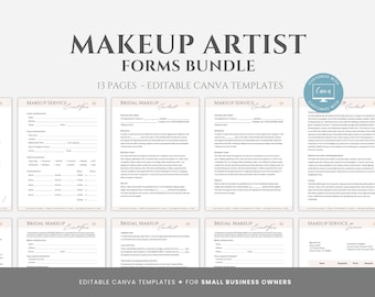 May include: A bundle of editable Canva templates for makeup artists, featuring forms for makeup services, bridal makeup contracts, and invoices. The forms are displayed on a light beige background with black text. The text includes "MAKEUP ARTIST FORMS BUNDLE" and "EDITABLE CANVA TEMPLATES".