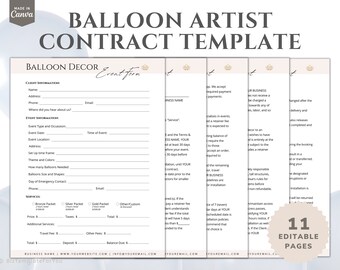 Editable Balloon Decor Contract Template, Freelance Balloon Artist Service Agreement, incl. Intake Form and Invoice Template