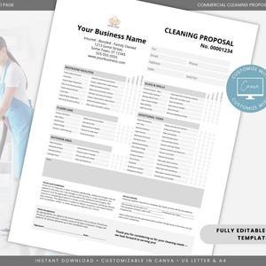 Könnte beinhalten: Eine kommerzielle Reinigungsangebot-Vorlage mit dem Text "Your Business Name" und "CLEANING PROPOSAL". Das Dokument enthält Abschnitte für Sanitäranlagen, Bodenpflege und Außenbereiche. Eine Schaltfläche "Customize with Canva" ist sichtbar.
