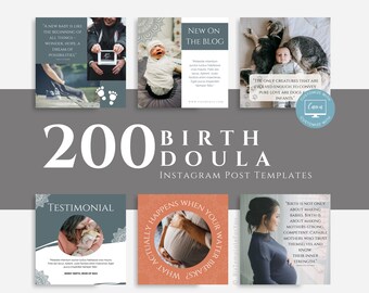 200 Birth Doula Social Media Templates, Doula Instagram Marketing, Posts and Stories Templates, Doula Social Media Content, Canva Editable