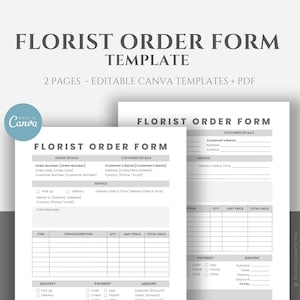 Editable Florist Order Form Template, Flower Arrangements Service Order Form,  Floral Service Small Business Forms, Canva editable