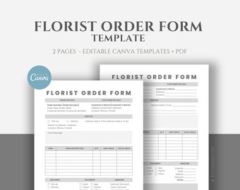 May include: A black and white printable florist order form template with two pages. The form includes sections for customer details, order details, service, delivery, payment, and a table for item description, quantity, unit price, and total price.