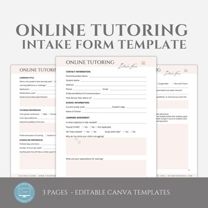 Könnte beinhalten: Dreiseitige Vorlage für ein Online-Tutoring-Aufnahmeformular in einem hellrosa und weißen Farbschema. Das Formular enthält Abschnitte für Kontaktinformationen, Schulinformationen, Lernbewertung, Tutoring-Präferenzen und Planungspräferenzen. Der Text "ONLINE TUTORING INTAKE FORM TEMPLATE" befindet sich oben auf der Seite.