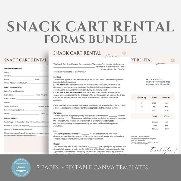 Editable Snack Cart Service Contract Template, Snack Cart Rental Service Agreement, Event Services Business Template Form, Canva editable