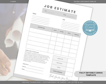 Job Estimate Template, Canva Service Estimate Form, Construction Bid Form, Quote Form, Proposal Form, Modern and Professional Work Estimate