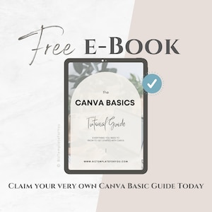 Puede incluir: Una tableta digital que muestra un libro electr&oacute;nico gratuito titulado "The Canva Basics Tutorial Guide". La portada del libro electr&oacute;nico presenta una planta verde y el texto "Todo lo que necesitas para empezar con Canva".