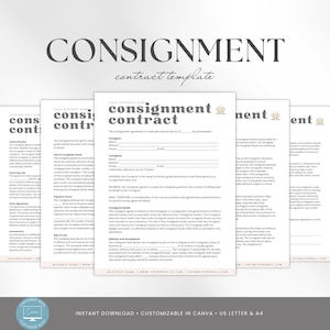 Op de afbeelding: Een stapel consignatiecontract sjablonen met het woord "CONSIGNMENT" bovenaan. Het contractsjabloon heeft een minimalistisch ontwerp met een lichtbeige en wit kleurenschema. De tekst "contract template" staat onder het woord "CONSIGNMENT".