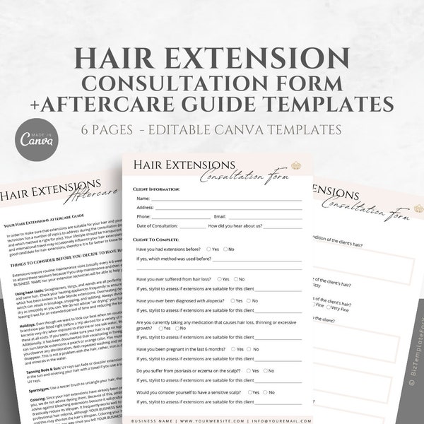 Fully Editable Hair Extension Consultation Form and Extensions Aftercare Guide Templates for Hairstylists. Editable in Canva