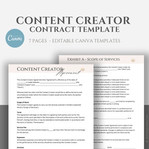 May include: A black and white content creator contract template with the title "Content Creator Contract Template" and the text "Exhibit A - Scope of Services". The template is designed to be used by content creators and clients to outline the scope of work, service fees, and other important details.