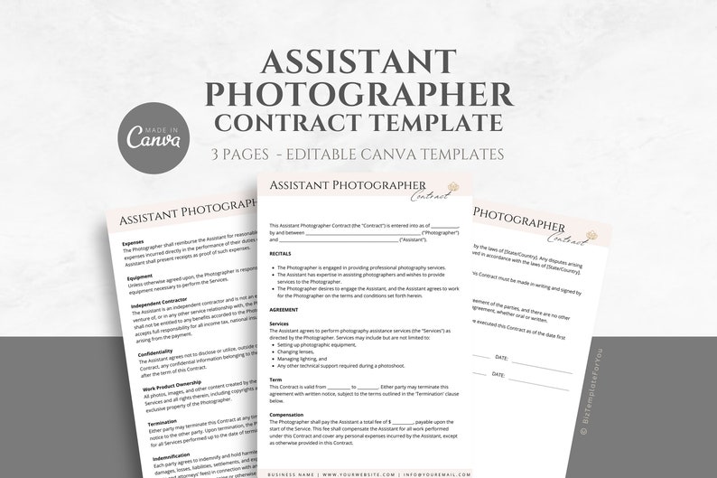 May include: A three-page printable contract template for assistant photographers. The template includes sections for expenses, equipment, independent contractor, confidentiality, work product ownership, termination, indemnification, and compensation. The contract is made in Canva.