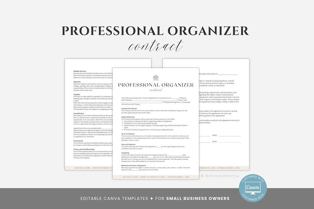 Editable Professional Organizer Contract Template, Client Intake Form, Organizing Service