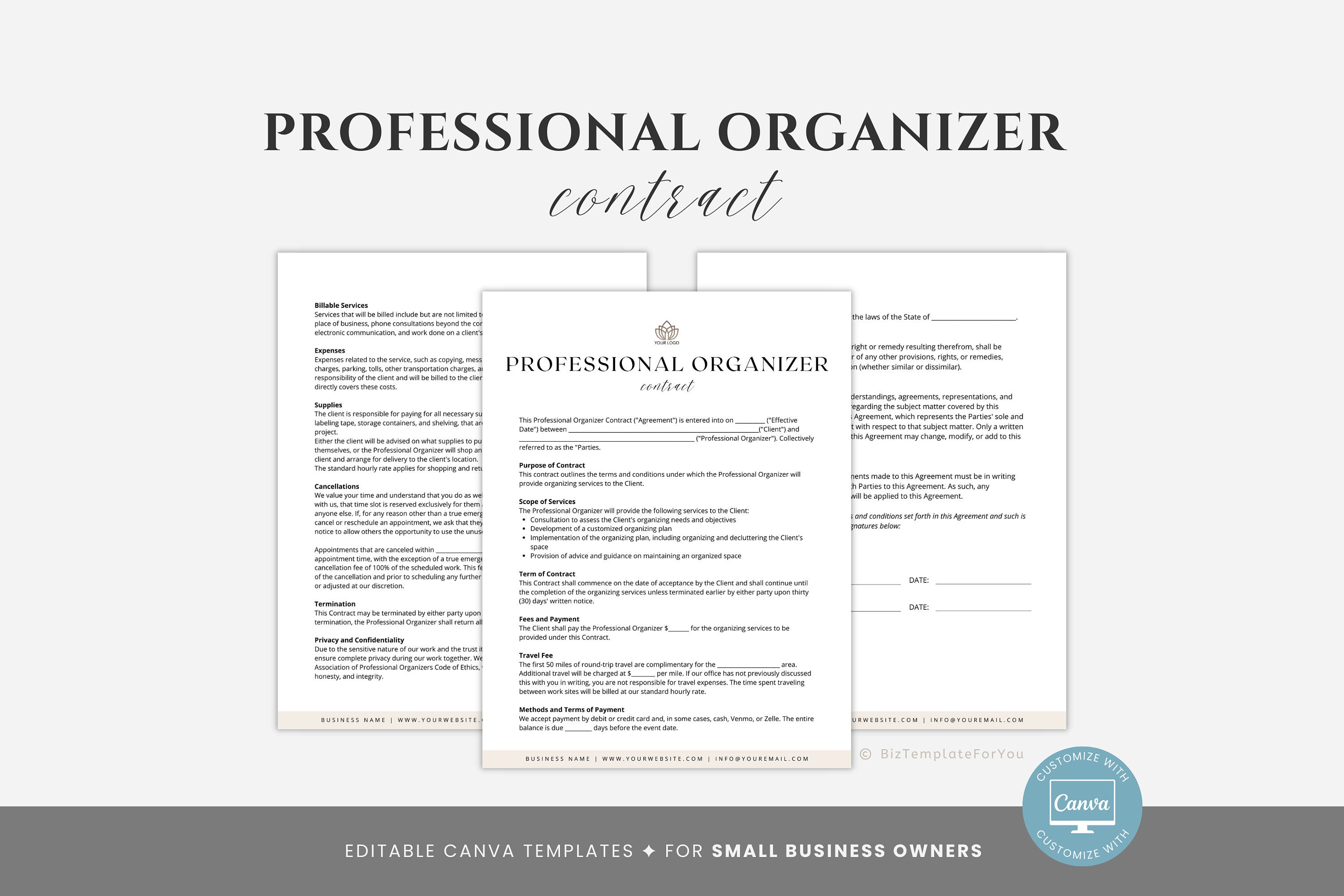 Editable Professional Organizer Contract Template, Client Intake Form