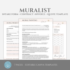 May include: A set of seven printable Canva templates for muralists. The templates include an intake form, contract, invoice, and quote template. The templates are designed to help muralists manage their business and projects.