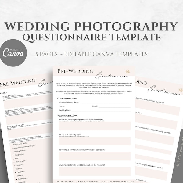 Editable Wedding Photography Questionnaire, Editable Pre-Wedding Client Intake Form, Wedding Photography Client Checklist Template