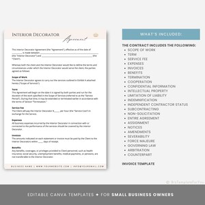 May include: A printable interior decorator contract template with a light blue background and a white border. The contract includes sections for scope of work, term, service fee, expenses, invoices, benefits, termination, cooperation, confidential information, intellectual property, limitation of liability, indemnification, independent contractor status, subcontracting, non-solicitation, entire agreement, assignment, notices, amendments, severability, force majeure, governing law, arbitration, and counterpart. The text "What's Included" is in a light blue box at the top of the page.
