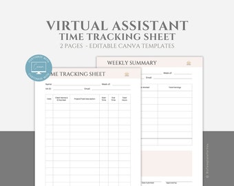 May include: A printable time tracking sheet for virtual assistants. The sheet includes sections for name, email, week of, client name and ID number, project/task description, start time, end time, total hours, hours worked, and total earnings. The sheet is customizable with Canva.