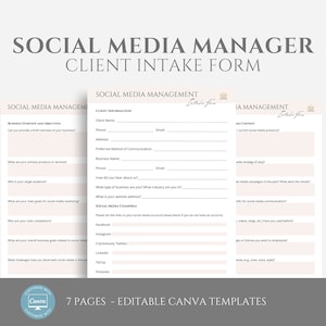 Editable Social Media Manager Client Intake Form Template, Freelance Social Media Management New Client Onboarding Form, Canva Template