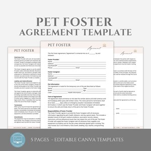 May include: Pet Foster Agreement Template, a five-page editable Canva template for fostering pets. The template includes sections for Foster Provider and Foster Caregiver information, pet information, terms of agreement, responsibilities of the Foster Provider, and more.