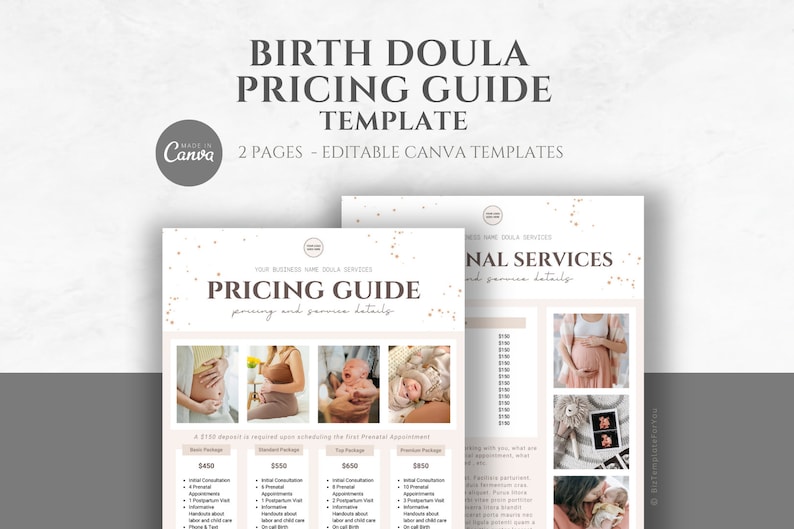 May include: A two-page printable pricing guide template for birth doulas. The template features a light pink background with gold glitter accents. The text "PRICING GUIDE" is displayed in a brown font. The template includes a list of services and pricing for each package. The template is designed to be used with Canva.