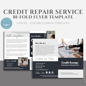 Editable Credit Repair Flyer Template, Credit Consulting Business Marketing Brochure, Financial Advisors, Bi-Fold Brochure, Canva Template