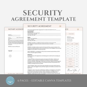 Puede incluir: Una plantilla de acuerdo de seguridad editable de seis páginas para Canva. La plantilla incluye secciones para la parte garantizada, el deudor, las definiciones y un cronograma de pagos. La plantilla está diseñada para ser utilizada para una variedad de acuerdos de seguridad, como los de préstamos, arrendamientos y ventas de bienes.