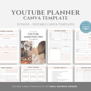 Editable YouTube Planner Template, Social Media Strategy Workbook for Small Business, You Tube Marketing Planner Canva Templates, Canva Edit