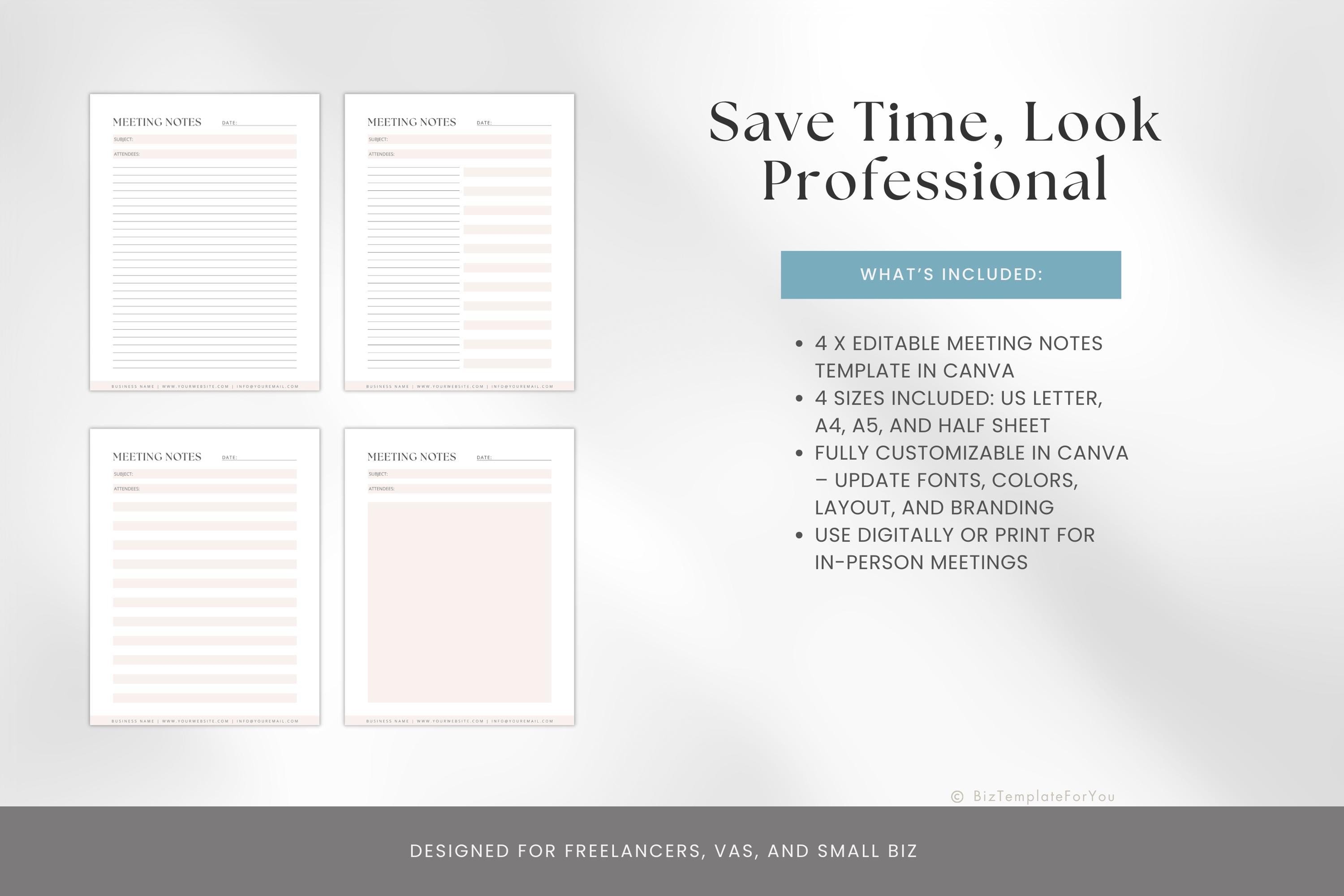 Meeting Notes Template, Editable Canva Business Notes Sheet, Work Notes ...