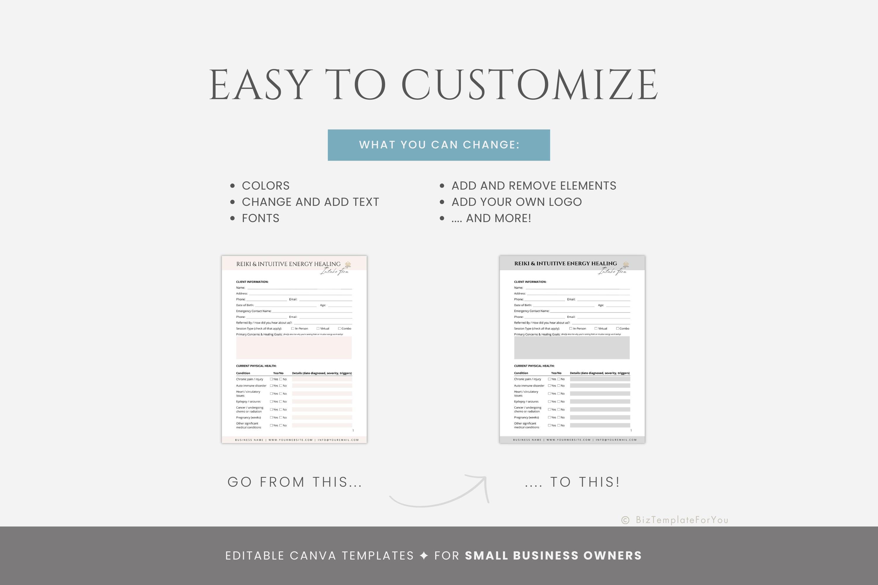 Editable Reiki Client Intake Form Template, Energy Healing ...