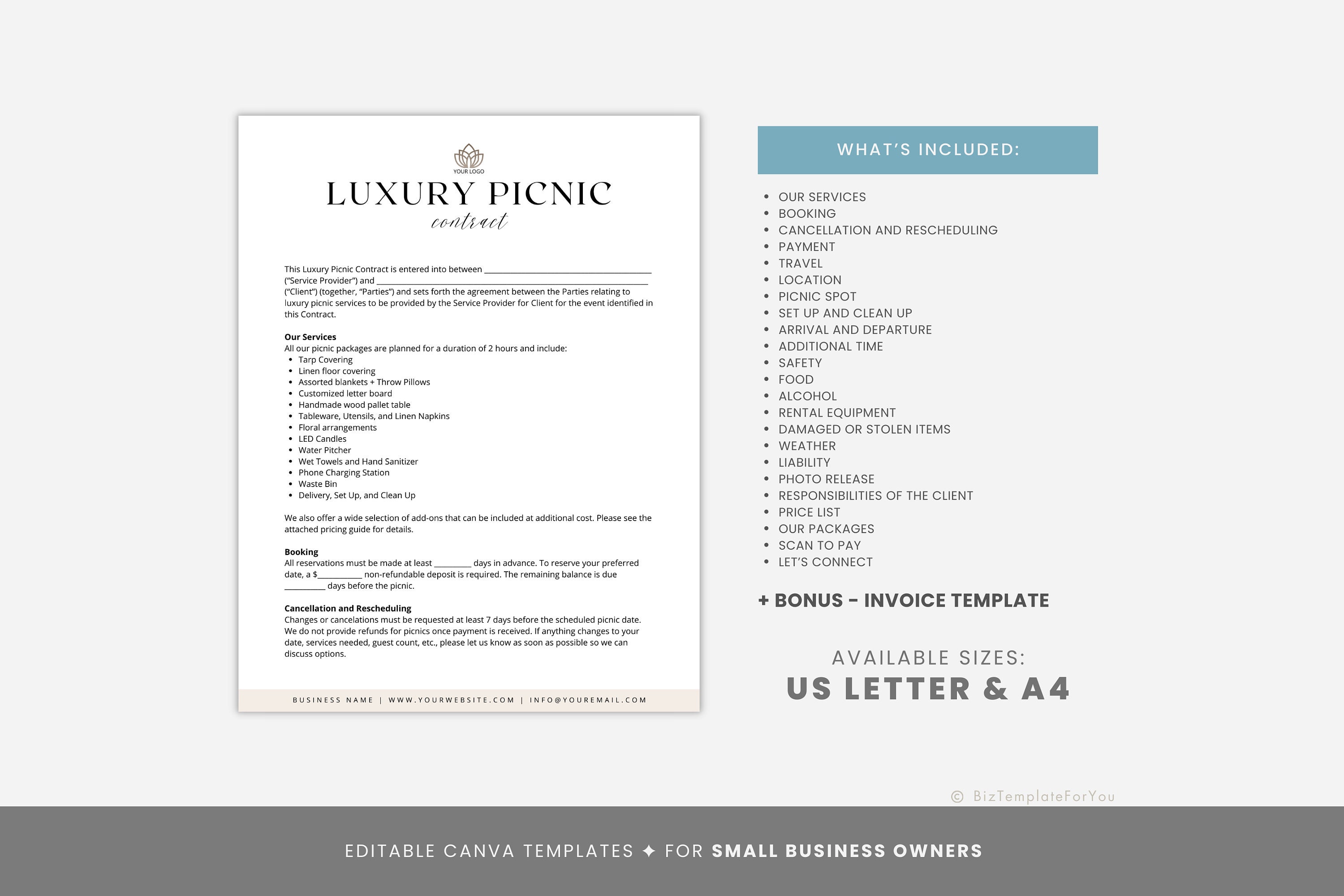Editable Luxury Picnic Forms Bundle, Contract Template, Professional Rental Agreement Terms
