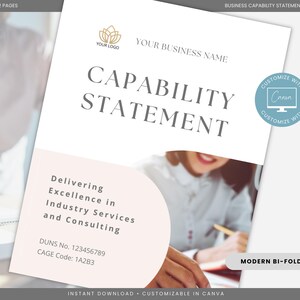 May include: A bi-fold business capability statement template with the title "CAPABILITY STATEMENT". The document includes the text "Delivering Excellence in Industry Services and Consulting". A logo and the text "YOUR BUSINESS NAME" are at the top.