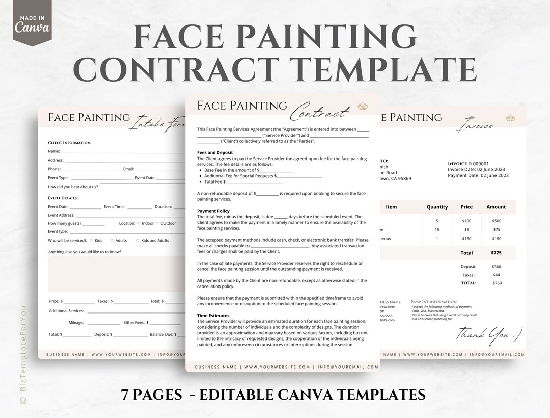 Editable Face Painting Contract Template Event Face Painter Etsy