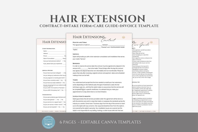 Editable Hair Extensions Contract Template, Hair Extensions Consultation Form, Extensions Care Guide and Invoice Template, Hair Stylist bild 1