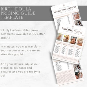 May include: Two printable Canva templates for a birth doula pricing guide. The templates are customizable and available in US Letter and A4 sizes. The text on the templates reads "Birth Doula Pricing Guide Template", "Additional Services", and "Pricing Guide".