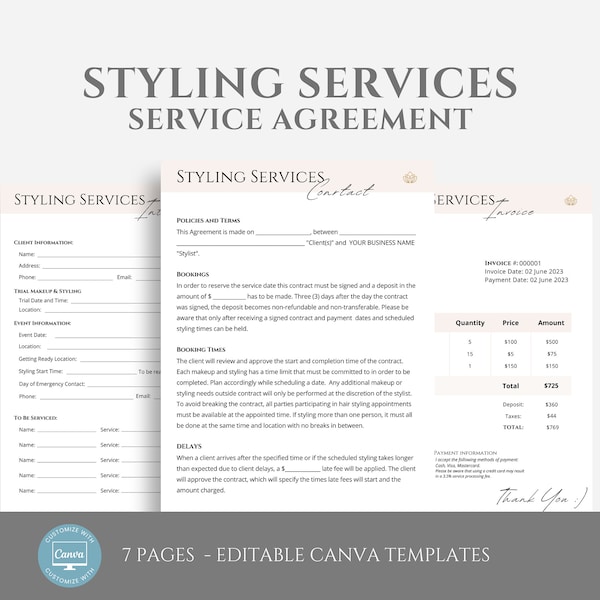 Editable Styling Services Contract Template, including Intake Form and Invoice Template, Hair and Makeup Service Agreement, Stylist Forms